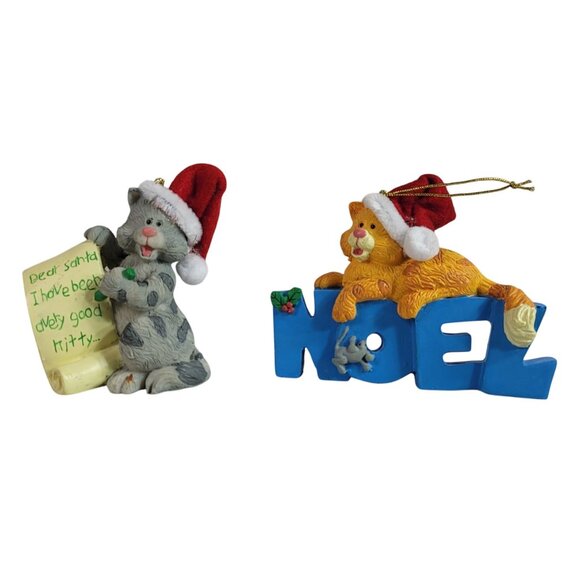 Cat Christmas Ornaments Set of 2 Kitty Noel Dear Santa Wearing Santa Hat Ceramic - Picture 1 of 8
